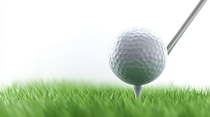 A shiny golf ball sits poised on a tee, ready to be struck by a golf club. The grass is vibrant and green, creating a fresh outdoor atmosphere for the game