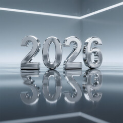 A modern silver-themed New Year design featuring reflective metallic numbers.