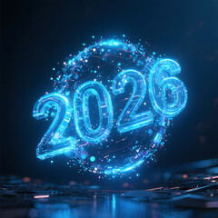 A sci-fi holographic representation of 2026 with glowing particles.
