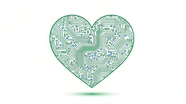 A green heart shape composed of intricate electronic circuitry and design - Powered by Adobe