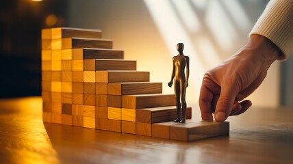 Wooden staircase with figure being guided upward by a helping hand
