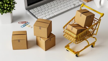 Small cardboard boxes and shopping cart on desk representing online shopping
