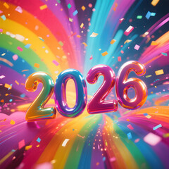 Vibrant rainbow burst forming a lively 2026 New Year backdrop.