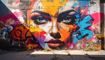 Colorful graffiti of a woman's face on a weathered wall, amidst abstract shapes, drips, and splashes of vibrant hues