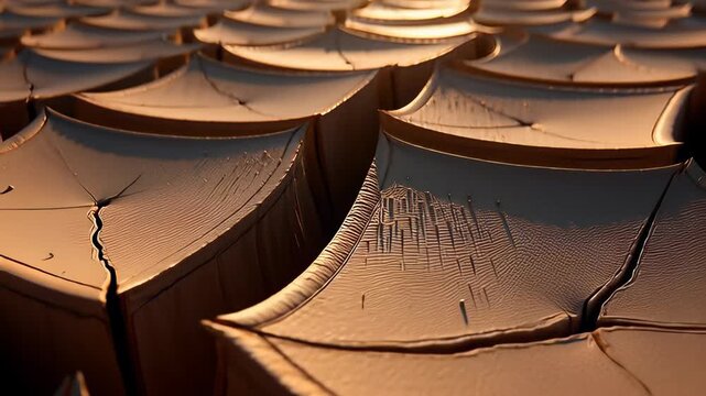 Dry cracked earth soil texture forming deep geometric patterns under golden sunlight, visualizing severe drought and climate change concepts