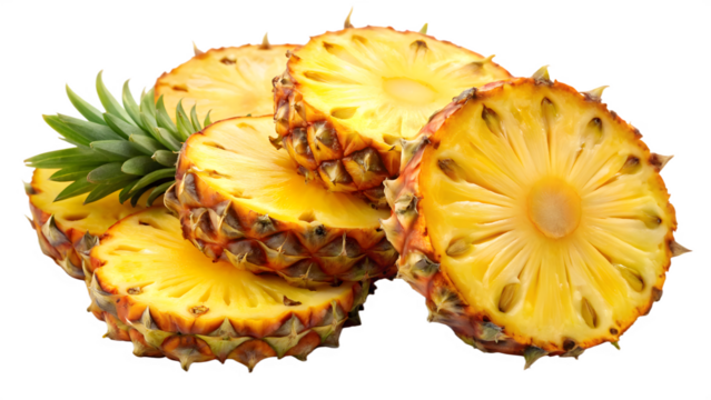 Sliced Pineapple with Green Top and Yellow Flesh on Black Background fruit tropical
