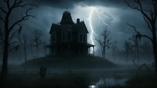 Sinister Stone Mansion Amidst Thunderous Skies with Striking Lightning and Ghostly Fog in a Pixel Art Style Landscape on a Hill with Leafless Trees