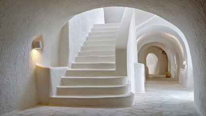 Interior view of a white arched hallway with a staircase leading upwards