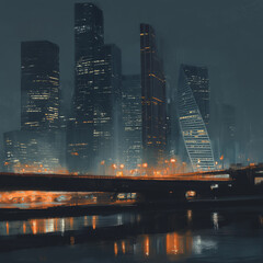 Foggy Rain-Soaked Urban Skyline
