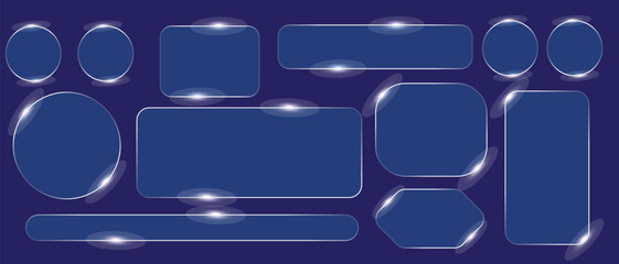 Multiple liquid glass panels and elements set. Modern UI and UX design concept. Transparent frames and buttons for web interfaces.