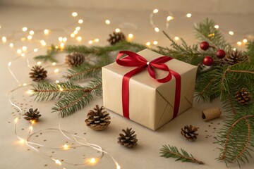 A wrapped gift box decorated with red ribbon and pine leaves