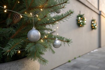 Close up of decorated pine tree with fairy lights and silver ornaments