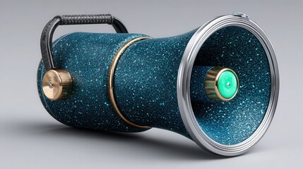 Striking modern megaphone with glittery teal finish and gold accents, perfect for announcing important messages with style and flair