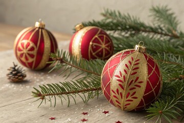 Close up of red and gold Christmas baubles with pine branches
