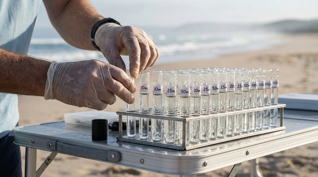 Scientist Organising Water Test Tubes for Coastal Depth Analysis