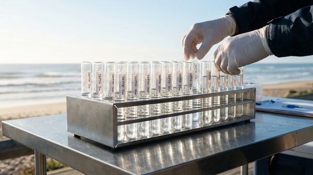 Scientist Preparing Water Samples at Ocean Shore for Marine Research - Powered by Adobe