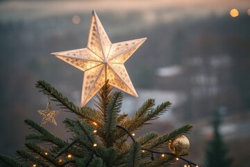 Lit Christmas Tree Star Decoration Shines in Soft Evening Light