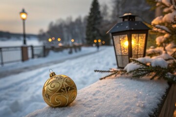Golden Christmas ornament on snowy surface with soft glow