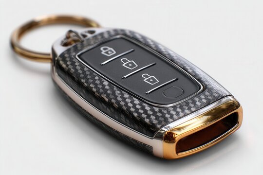 Sleek modern car key fob with carbon fiber texture and luxurious gold accents, featuring lock unlock icons for ultimate convenience and security