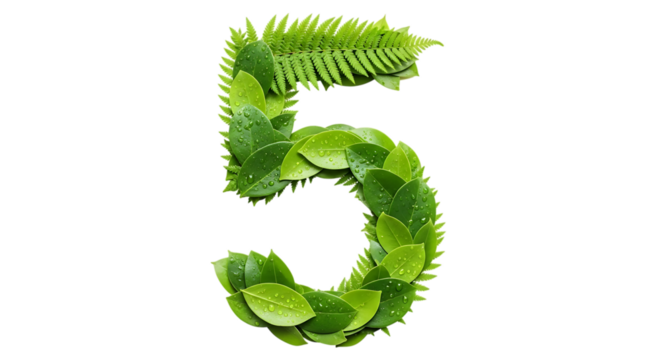 Green number five made of leaves isolated on transparent background