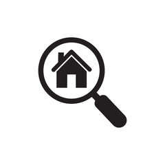 Real estate search icon with magnifying glass and house symbol
