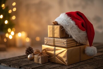 Santa Claus hat on gifts stack celebrating the holiday