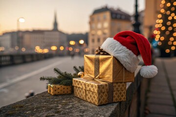 Santa Claus hat placed on a pile of wrapped holiday gifts
