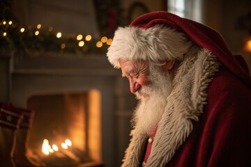 Santa Claus in a red coat near a fireplace at Christmas