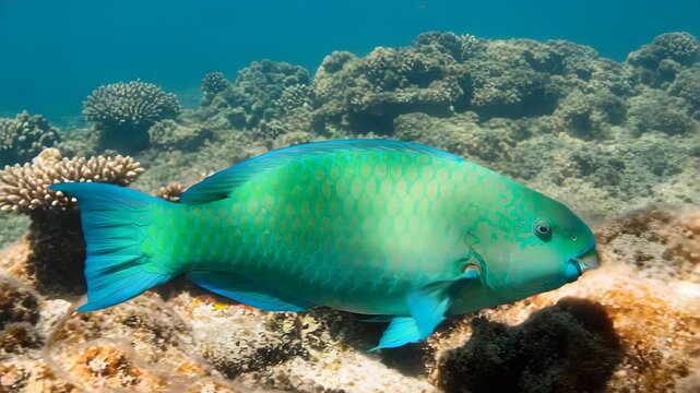 Turquoise Parrotfish Amidst Coral Reef With Varied Coral Textures in Blue Ocean Underwater Scene