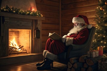 Santa Claus reading a book by the fireplace on Christmas night