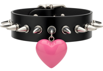 Black leather spiked choker with a large pink heart pendant