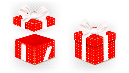 Golden gift boxes with red bows. One open, one closed &mdash; festive packaging for celebration visuals