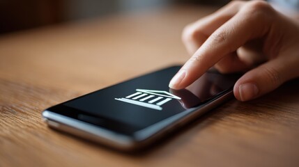 Close-up of a person's hand touching a smartphone screen displaying a digital banking icon, symbolizing finance and modern technology concepts