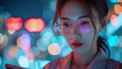 Smart Vision: A focused individual wearing fashionable eyeglasses, engaging with modern technology, and immersed in a futuristic environment. Capturing concentration.