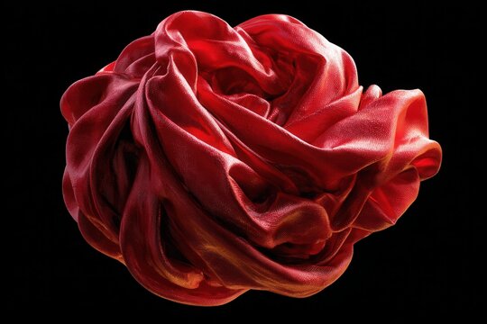 Draped luxurious red fabric forms an elegant abstract shape, catching light with a shimmering metallic sheen against a dark void.