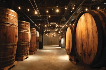 A spacious industrial cellar lined with tall wooden barrels under a ceiling full of glowing lights. The wide corridor showcases the scale of the aging process in a modern craft distillery or winery.