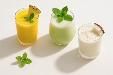 Three glasses of colorful smoothies with fruit and mint on a white surface