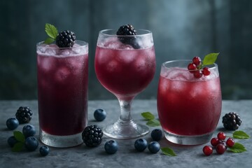 Three glasses of berry cocktails with ice and fresh berries