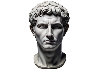 Ancient roman marble bust of a stern man against a black background