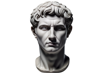 Ancient roman marble bust of a stern man against a black background