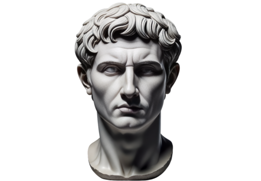 Ancient roman marble bust of a stern man against a black background