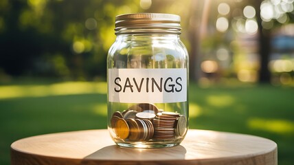 Savings jar filled with coins placed on wooden table in natural light
