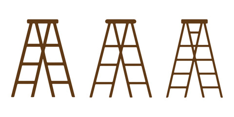 A collection of three distinct wooden A-frame step ladders, shown as a flat vector illustration for various projects