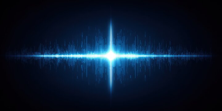Abstract blue light burst with radiating beams, resembles sound waves against a dark background