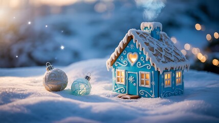 Gingerbread house with holiday decorations in snowy winter landscape
