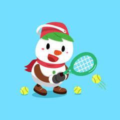 Cartoon character a cute christmas snowman playing tennis