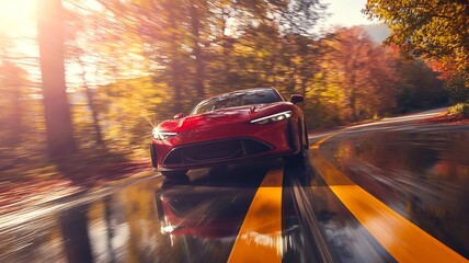 Red sports car speeding along wet autumn forest road
