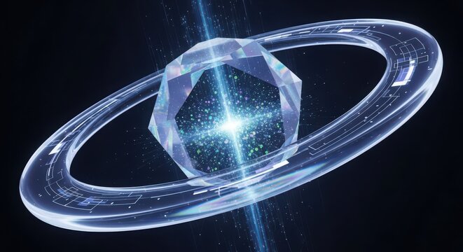 Abstract glowing crystal orb with digital ring and light beam image