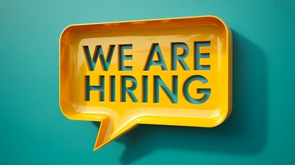 We are hiring message in yellow speech bubble on teal background
