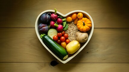 Heart shaped bowl filled with fresh colorful vegetables and healthy food ingredients
